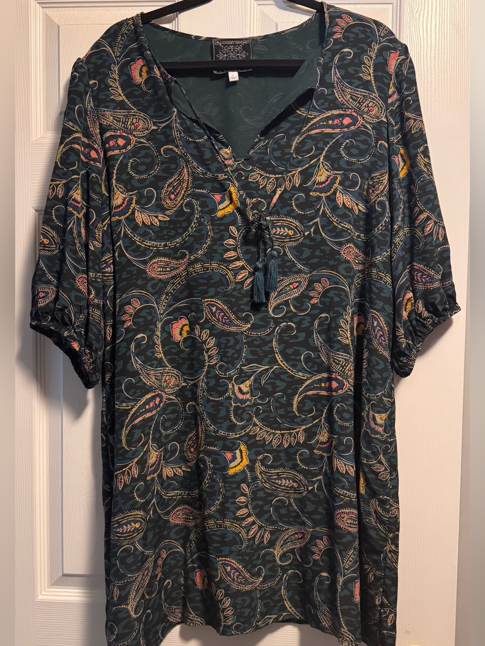 Johnny Was Teal Paisley Silk Dress with Tassel Tie